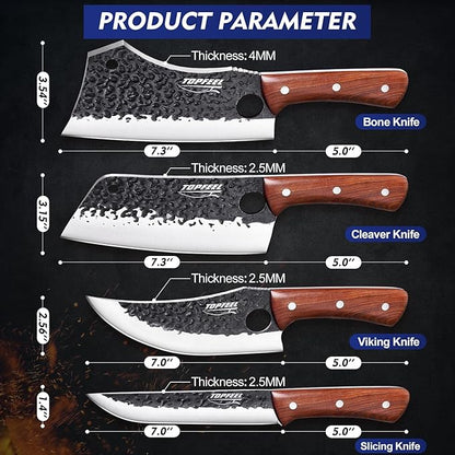Topfeel 4PCS Meat Cleaver Set -Heavy Duty Bone Chopper & Meat Cleaver & Viking Knife & Slicing Knife, Chef Knives Set for Home Kitchen,Camping, BBQ Knives Gift for Men