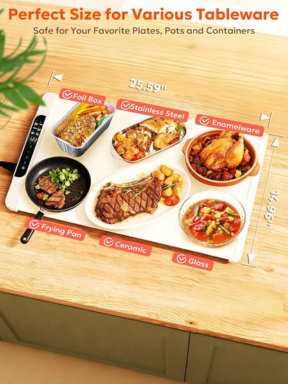 Food Warming Mat, FZF Electric Warming Tray, Fast Heating Portable Food Warmer for Parties Buffet with 0.5-10Hr Timer, Adjustable Temperature for Hosting, Camping, House Warming