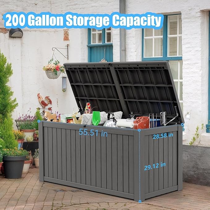 Vixzen 200 Gallon Deck Boxes Outdoor Waterproof, Lockable Storage Box for Patio Cushions Storage Furniture, Garden Tools, Pool Supplies, Weatherproof and UV Resistant (Black, 200 Gallon)