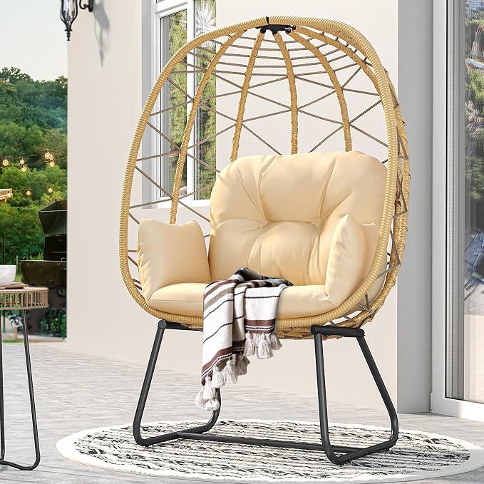 YITAHOME Egg Chair with Stand, Outdoor Egg Chair w/Premium PE Rattan Beige | 330lbs Egg Chair w/Weatherproof Rattan Weave & Strong Iron Frame, Patio Egg Chair w/Plush Cushion for Comfort, Easy Assembly