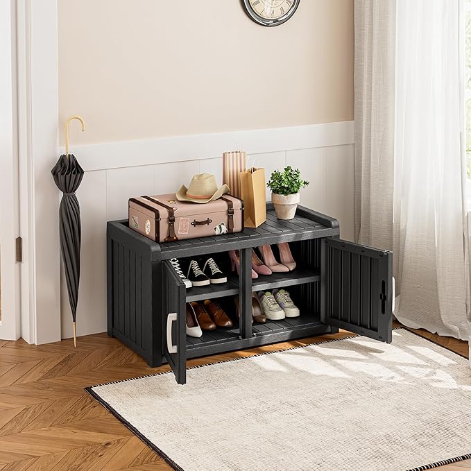 Bifanuo Shoe Storage Cabinet, 2-Door Outdoor Storage Bench with Adjustable Shelves, Waterproof UV-Resistant for Hallway, Living Room, Entryway, Large Capacity Modern Organizer (Black)
