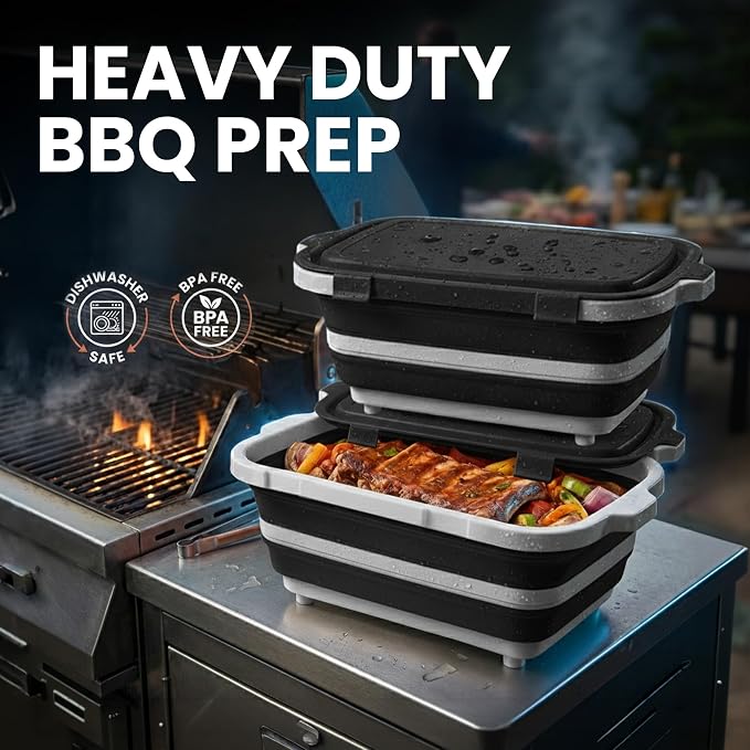 BBQ Prep Tub 2 Pack (8L+8L) - Multifunctional Collapsible Camping Cutting Board with Upgraded Locking lid, Meal Prep Meat Storage Container Perfect for Grilling, Outdoor Cooking (Large x 2)
