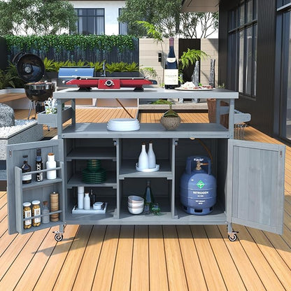 Merax 50" Outdoor Kitchen Grill Cart Island on Wheels with Stainless Steel Top,Farmhouse Style Solid Wood Frame Storage Cabinet