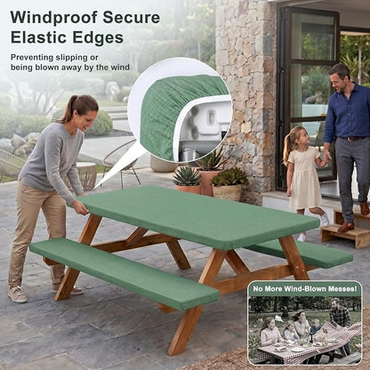 Picnic Table Cover with Bench Covers Windproof Waterproof Picnic Table Covers Camping Tablecloth with Self-Storage Bag, 72in, Sage