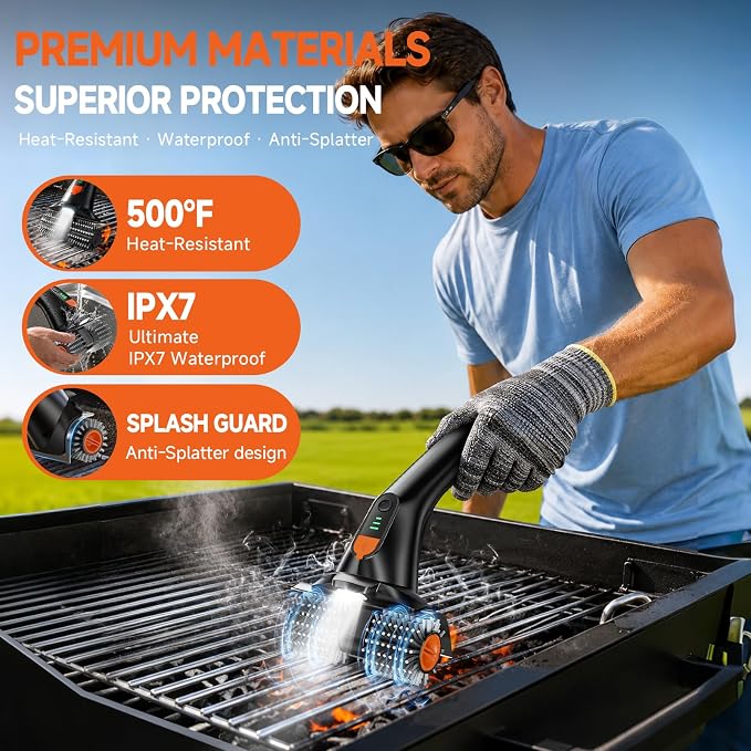 Electric Grill Brush, Ultra-High 80W Power Dual-Head Cordless Rechargeable Grill Cleaner with 2.5H Fast Charge, Heat-Resistant, Waterproof, Anti-Splatter, Ergonomic Design BBQ Grill Brush.
