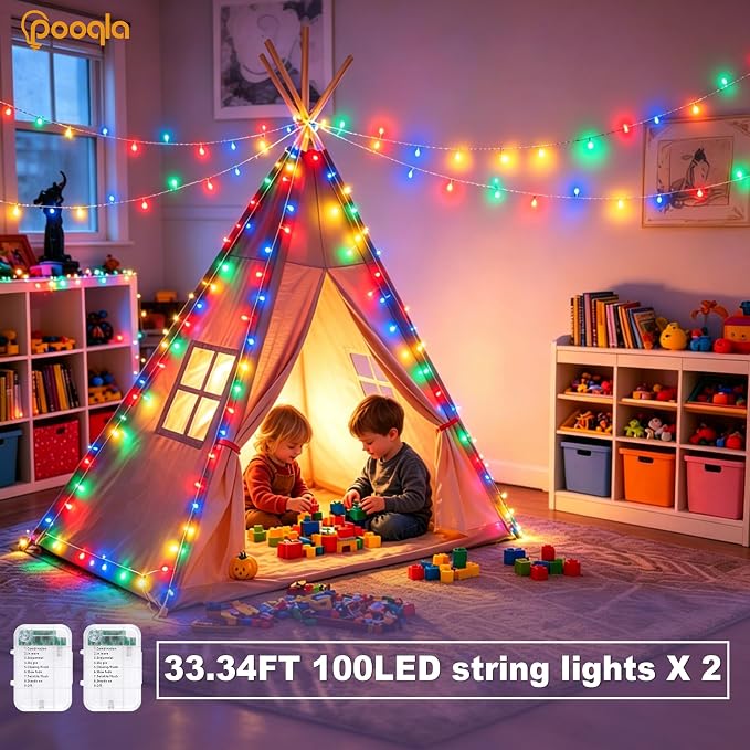 Pooqla 2 Pack String Lights Battery Operated, Total 66.6ft 200 LED Fairy Lights Indoor Outdoor Decorations, 8 Modes Colorful Battery Christmas Lights for Bedroom Classroom Porch Party Yard Decor