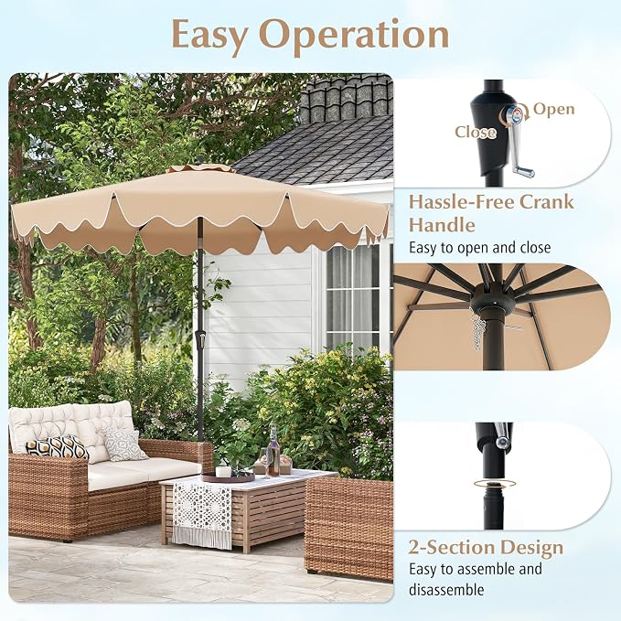 Tangkula 9Ft Patio Umbrella with Crank, 2-Tier Outdoor Umbrella with Push Button Tilt, Sun-Protective Canopy, 8 Ribs, Scalloped Patio Umbrella for Outdoor Beach Deck Pool Table (Beige)
