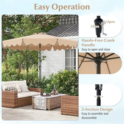 Tangkula 9Ft Patio Umbrella with Crank, 2-Tier Outdoor Umbrella with Push Button Tilt, Sun-Protective Canopy, 8 Ribs, Scalloped Patio Umbrella for Outdoor Beach Deck Pool Table (Beige)