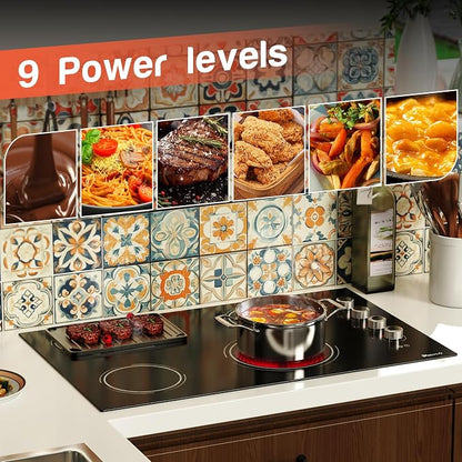 Electric Cooktop 30 Inch Knob Control, 6700W 240V Hard Wired | 4 Burner 30 Inches Glass Electric Stove Top Built-in, Dual & Expanded Ring, 9 Power Heating Levels, 220V No Plug