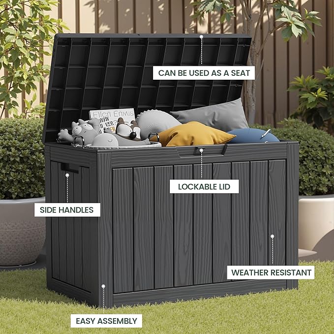 45 Gallon Outdoor Storage Box, Waterproof Resin Deck Box with Side Handles, Lockable Outdoor Bench for Indoor & Outdoor Use, Storage Bin for Patio Cushions, Garden Tools, Black