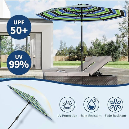 Garvee 9 ft Patio Umbrella - 8 Sturdy Ribs Outdoor Table Umbrella with Crank Lift & Push Button Tilt - Market Umbrella for Pool, Deck, Yard, Garden - Tricolor Stripe