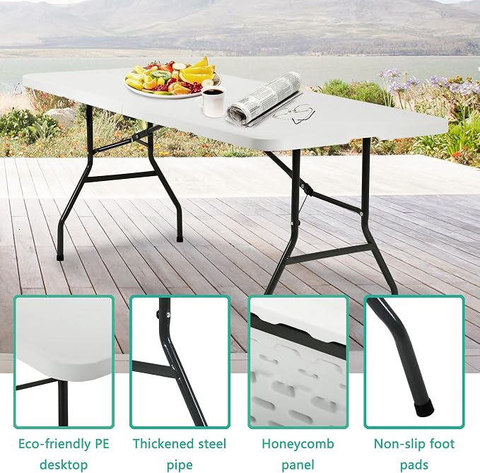 PayLessHere | 6FT Folding Table | White | Portable Plastic Table | with Carry Handle | Waterproof & Foldable Table Design | Steel Frame with Lock | for Events, Camping, Indoor & Outdoor Use