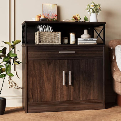 Vongrasig Coffee Bar Cabinet, Farmhouse Kitchen Storage Cabinet with Adjustable Shelf, 31“ Modern Sideboard Buffet Table for Kitchen, Dining Room, Rustic Brown
