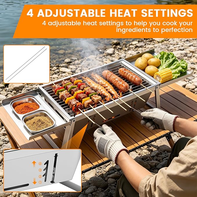 Foldable Stainless Steel Charcoal Grill, Ultra-Portable Mini BBQ Grill with Adjustable Heat, Tabletop Barbecue Grill for Camping, Picnic, Backyard, Terrace & Travel