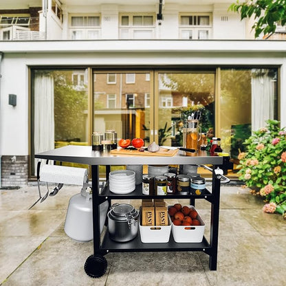 Skyflame Heavy Duty Pizza Oven Table & BBQ Prep Cart, Stainless Steel Rolling Grill Cart with Lockable Wheels, 3 Shelf Outdoor Workstation for Griddle/Patio – 170 lbs, No Wobble