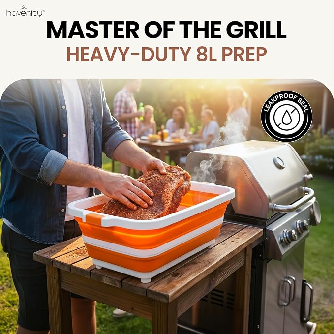 BBQ Prep Tub 2 Pack (8L+8L) - Multifunctional Collapsible Camping Cutting Board with Upgraded Locking Lid, Meal Prep Meat Storage Container Perfect for Grilling, Outdoor Cooking (Large x 2)