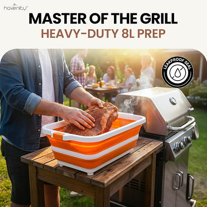 BBQ Prep Tub 2 Pack (8L+8L) - Multifunctional Collapsible Camping Cutting Board with Upgraded Locking Lid, Meal Prep Meat Storage Container Perfect for Grilling, Outdoor Cooking (Large x 2)