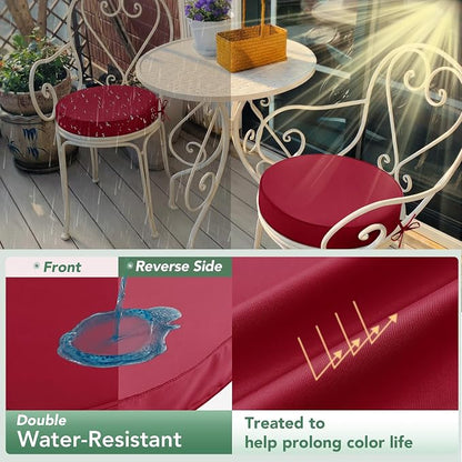 Summsun Outdoor Bistro Chair Cushions Set of 4, 15" D x 3" H Round Chair Cushions Waterproof and Fade Resistant Chair Cushion Pads with Non-Slip Ties and Removable Covers for Garden, Burgundy