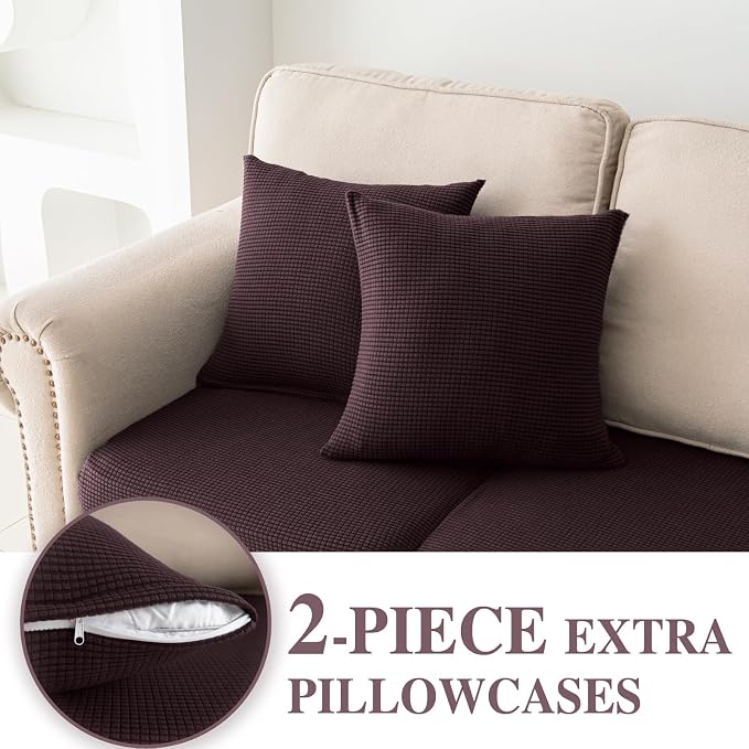 LA MEACK Couch Cushion Covers for Sectional Sofa L Shape Washable Separate Seat Chaise Couch Cover Stretch Sofa Slipcovers with 2 Pcs Pillowcases(2 Seater + 1 Chaise, Brown)