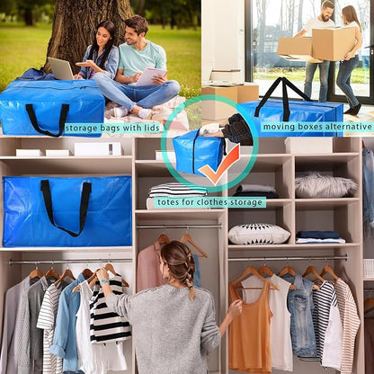 Heavy Duty Extra Large Blue Moving Bags with Strong Zipper Backpack Handles | 10 Pack Clothes Storage Bags Totes Space Saving Moving Boxes Bins Packing Bags for College Dorm Compatible with Ikea Frakta