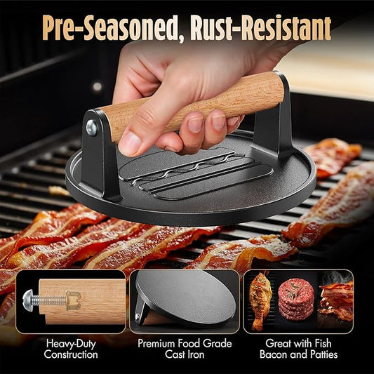 Pisol Smash Burger Press, Pre-Seasoned Cast Iron Hamburger Smasher, 2 lb Heavy-Duty Grill Bacon Meat Press Tool with Wood Handle, 6.6”