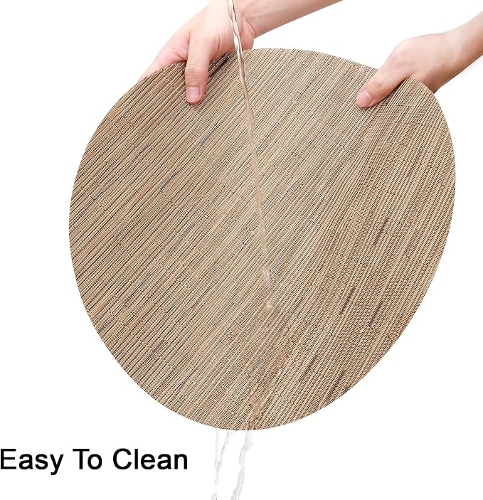 Round Placemats Set of 6 Heat Resistant Vinyl Placemats 15 inch Washable Non-Slip Table Mats Woven Place Mats for Dining Table (Light Brown, Set of 6)