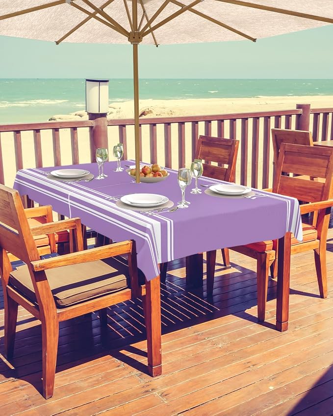 Farmhouse Outdoor Tablecloth with Umbrella Hole, Purple White Stripe Rectangle Tables Zippered Table Cloth Waterproof Tabletop Table Cover Collection for Patio, Garden, Picnic, Camping, Dining