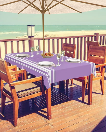 Farmhouse Outdoor Tablecloth with Umbrella Hole, Purple White Stripe Rectangle Tables Zippered Table Cloth Waterproof Tabletop Table Cover Collection for Patio, Garden, Picnic, Camping, Dining