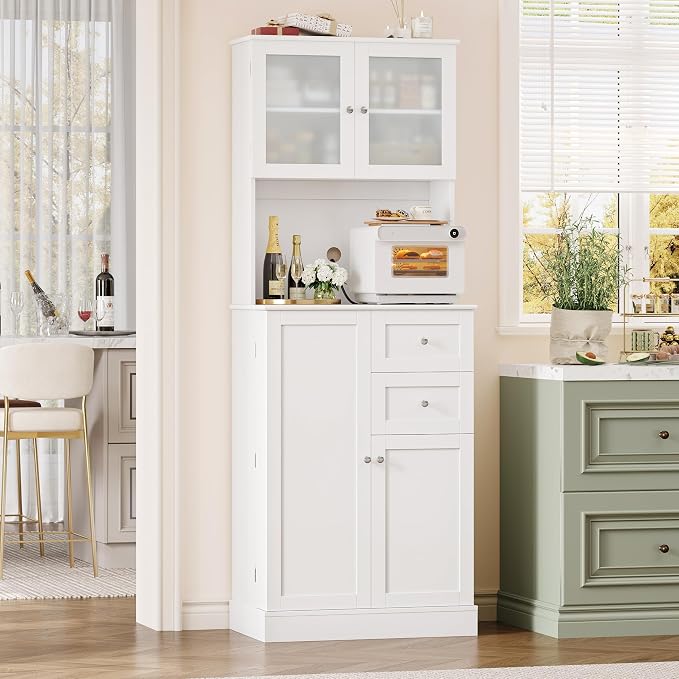 BOTLOG 72" Tall Kitchen Pantry Storage Cabinet with 4-Tier Door Shelves | Kitchen Hutch Cabinet with 2 Drawers, Frosted Glass Door for Dining Room, Modern White, Space-saving, apartment, small room