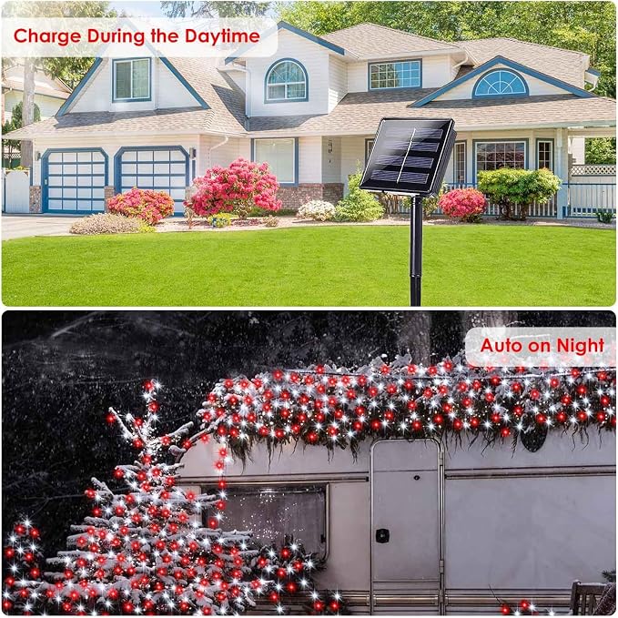 Solar Christmas Lights Outdoor 2 Pack 200 LED 66FT String Lights Red White | 8 Lighting Modes, Memory Function, Auto On/Off, IP65 Waterproof Twinkle Lights for Outside Tree Roof Fence Window Decorations