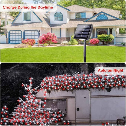Solar Christmas Lights Outdoor 2 Pack 200 LED 66FT String Lights Red White | 8 Lighting Modes, Memory Function, Auto On/Off, IP65 Waterproof Twinkle Lights for Outside Tree Roof Fence Window Decorations