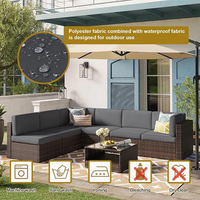 14 Piece Outdoor Patio Cushion Cover Replacement, Waterproof Patio Cushion Covers, Outdoor Furniture Cushion Covers Set for 6 Seat Wicker Rattan Sofa (Deep Grey)