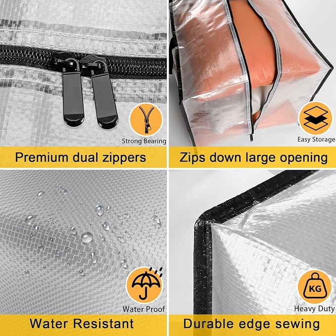 Clear Storage Bags with Zipper, Large Moving Bags Heavy Duty Extra Large, Plastic Storage Totes for Clothes, College dorm Packing Bag with Strong Handles | 2 Pack Clothes Storage Bags Totes Space Saving Moving Boxes Bins Packing Bags for College Dorm C...
