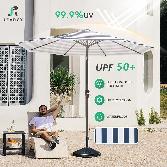 JEAREY 9FT Outdoor Patio Umbrella, Market Umbrella, Blue-white Stripe | Outdoor Table Umbrellas with 8 Sturdy， Tilt & Crank UV Protection Waterproof for Garden, Deck, Backyard, Pool
