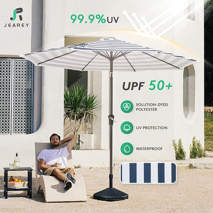 JEAREY 9FT Outdoor Patio Umbrella, Market Umbrella, Blue-white Stripe | Outdoor Table Umbrellas with 8 Sturdy， Tilt & Crank UV Protection Waterproof for Garden, Deck, Backyard, Pool