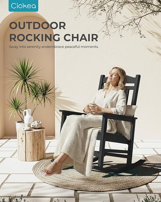 Ciokea Oversized Outdoor Rocking Chairs Set of 8, 380lbs Heavy-Duty Large Patio Rocker, High Back Cozy Porch Chairs, Weather Resistant Patio Rocking Chairs for Outside, Fire Pit, Deck, Black