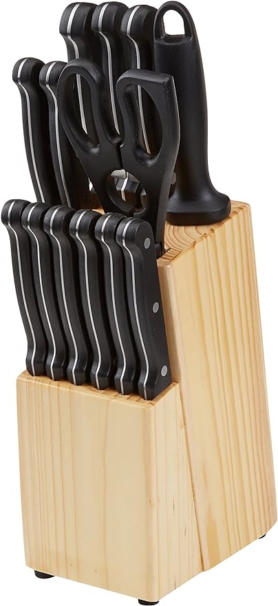 Amazon Basics 14-Piece High Carbon Stainless Steel Kitchen Knife Set with Full Tang Construction, Ergonomic Handles, Sharpener and Pinewood Block, Black