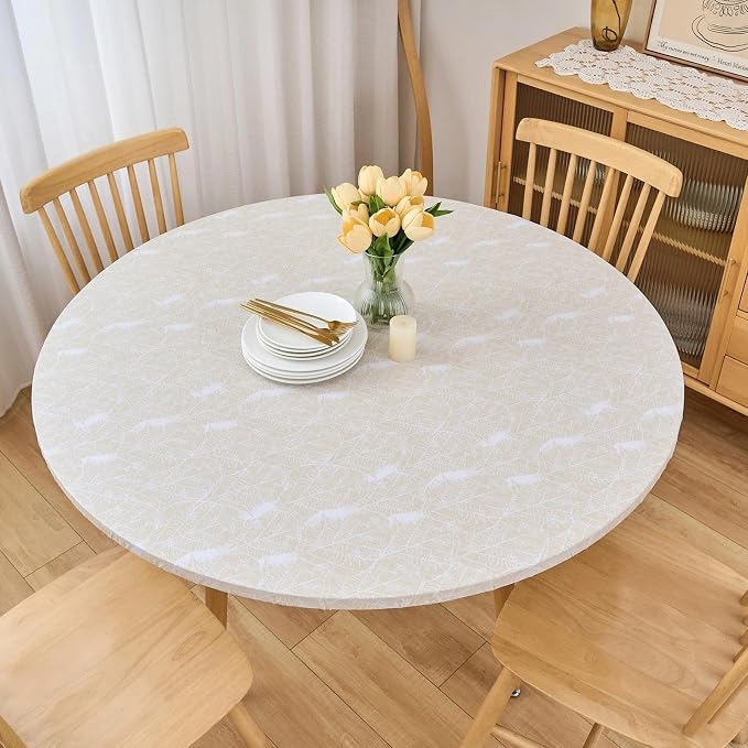 LIBERECOO Round Vinyl Fitted Tablecloth with Flannel Backing Elastic Edge Table Cover Waterproof Stain-Resistant Wipeable Tablecloths Fits 40-44 Inch Round Tables