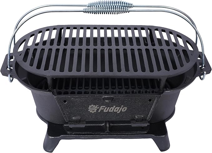 Oval Cast Iron Grill Outdoor, Portable Charcoal Grill & Tabletop Cast Iron Skillet, Durable Small Charcoal Grill for Camping Stove, Hibachi Grill, BBQ Grill Charcoal, Outdoor Grills & Smokers,A1