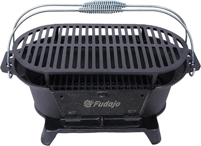 Portable Cast Iron Grills Outdoor, Oval Tabletop Charcoal Grill with Skillet, Durable Small Hibachi Griller for Camping, Tailgating, BBQ, Hunting, 19.6 Inches, Black, 26 lbs