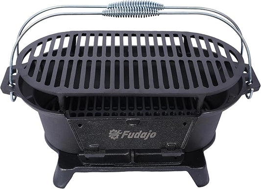 Portable Cast Iron Grills Outdoor, Oval Tabletop Charcoal Grill with Skillet, Durable Small Hibachi Griller for Camping, Tailgating, BBQ, Hunting, 19.6 Inches, Black, 26 lbs