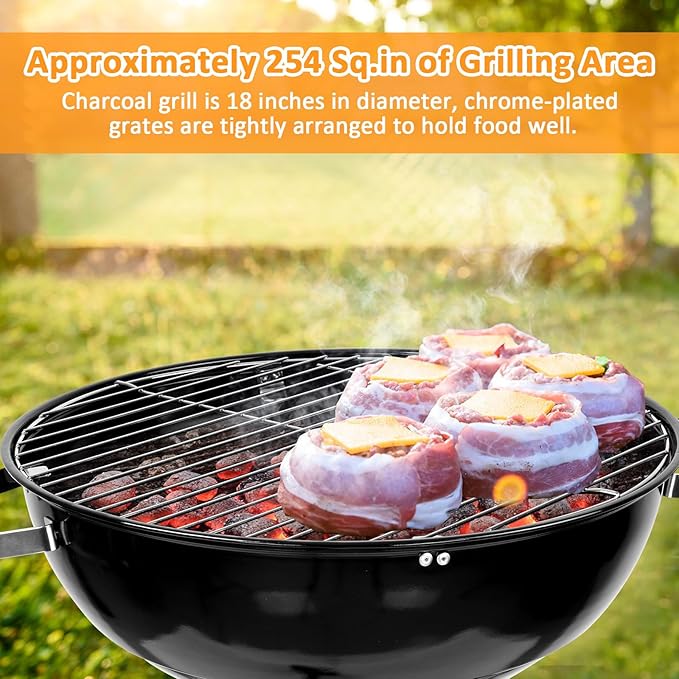 18 inch Charcoal Grills with Griddle Accessories, 4 Pack Basting Cover for Griddle, Portable Kettle Grills for Outdoor, Round BBQ Grill with Cover