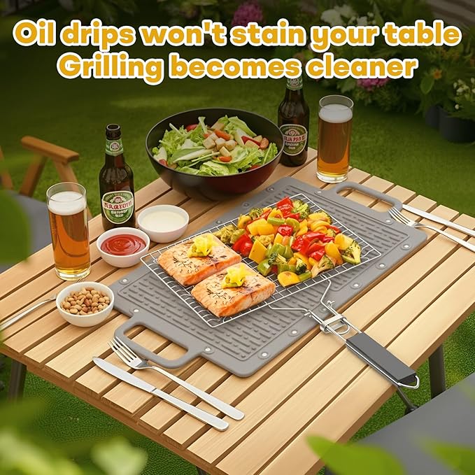 Portable Outdoor Silicone Grill Mat, Foldable Heat-Resistant Table Mat & BBQ Side Shelf Tool Pad with Snap Buttons, Converts into Storage Bag for Utensils and Food, Food-Grade, Non-Slip(Gray)