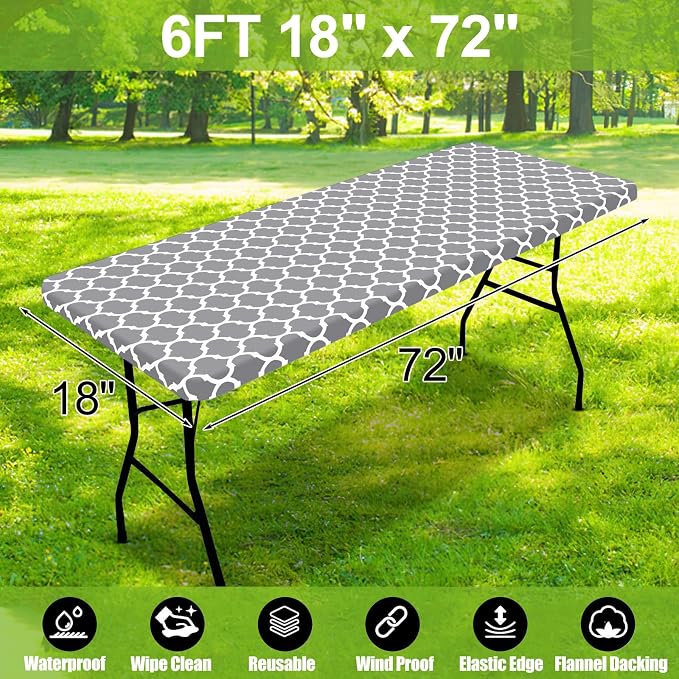 Smiry Picnic Fitted Table Cover, 6 Foot Flannel Backed Vinyl Tablecloth | Waterproof Elastic Stretch Table Cloth, Wipeable Plastic Tablecloth for Camping, Indoor & Outdoor (Grey, 18" x 72")