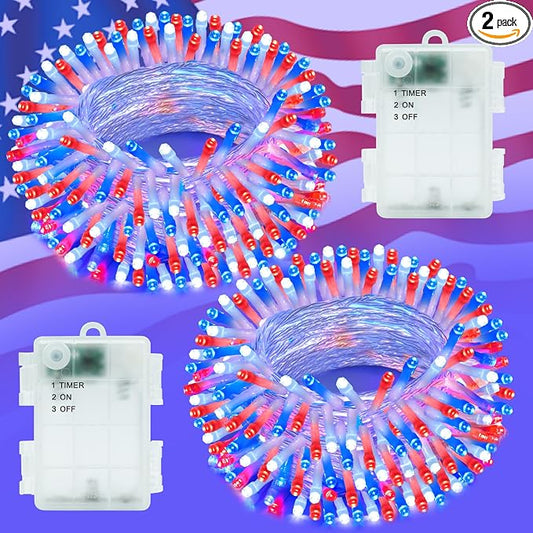 Red White and Blue Lights String for 4th of July Decorations Outdoor Total 100 LED 33ft for Memorial Day Decorations, Battery Operated Waterproof Timer Patriotic for Independence Day, 2-Pack