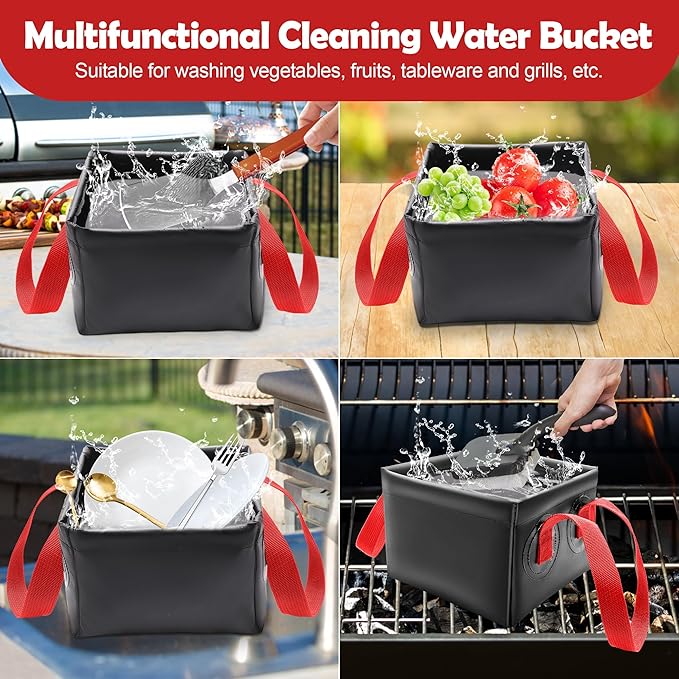Grill Brush Water Bucket, AHIER Collapsible Dunk Tank Grill Brush Heads Water Bucket for Stainless-Steel Grates (Red)