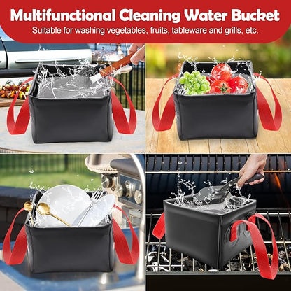 Grill Brush Water Bucket, AHIER Collapsible Dunk Tank Grill Brush Heads Water Bucket for Stainless-Steel Grates (Red)