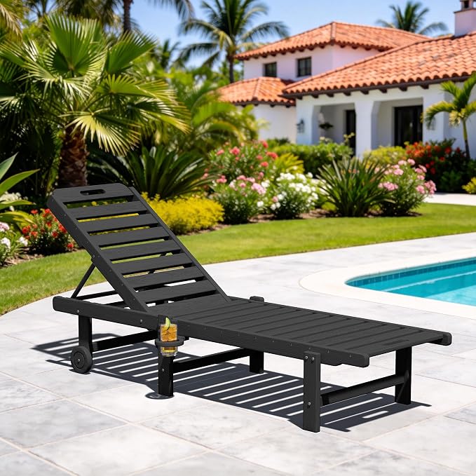 SERWALL HDPE Outdoor Chaise Lounge with Cup Holder & Wheels, Black | Weather-resistant chaise lounge resists fading, with 5-level adjustable back, cup holder and wheels.