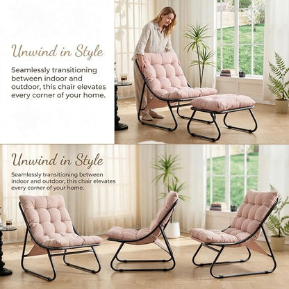 Rocking Chair with Ottoman, Modern Metal Frame Outdoor Rocker, Comfy Patio Lounge Chair with Footrest, Reading Glider Chairs for Living Room, Bedroom, Balcony, Garden, Relax, Pink