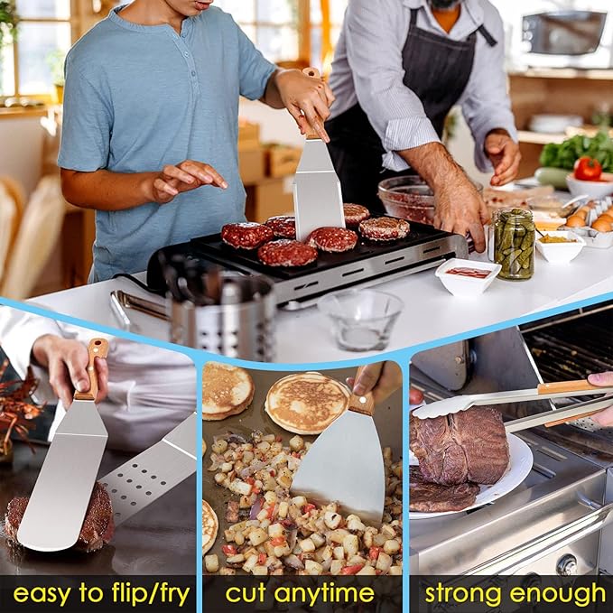 HaSteeL Griddle Accessories Set of 12, Professional Stainless Steel Metal Spatula Tools with 12in Cheese Melting Dome, Heavy Duty Griddle Spatulas Great for Teppanyaki Flat Top Cooking Outdoor Indoor